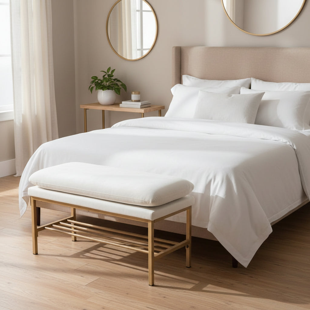 End of Bed Bench with Shelf, Linen Upholstered Storage Shoe Bench,Bedroom Bench with Metal Legs,300 LB