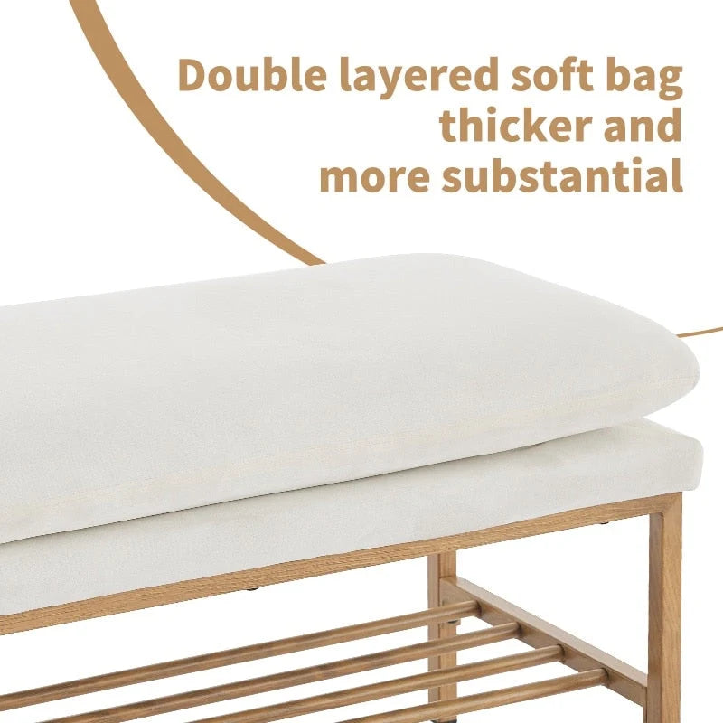 Banc de bout de lit avec étagère, banc de rangement à chaussures rembourré en lin, banc de chambre avec pieds en métal, 136 kg