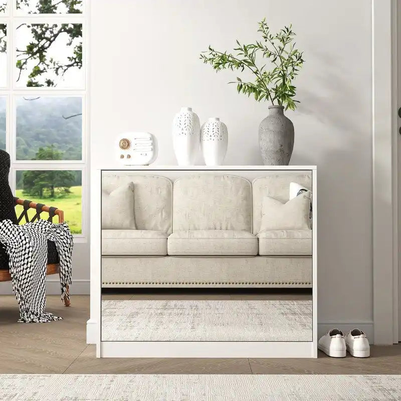 Meuble à chaussures 2 niveaux avec miroir pour entrée, meuble à chaussures avec portes basculantes