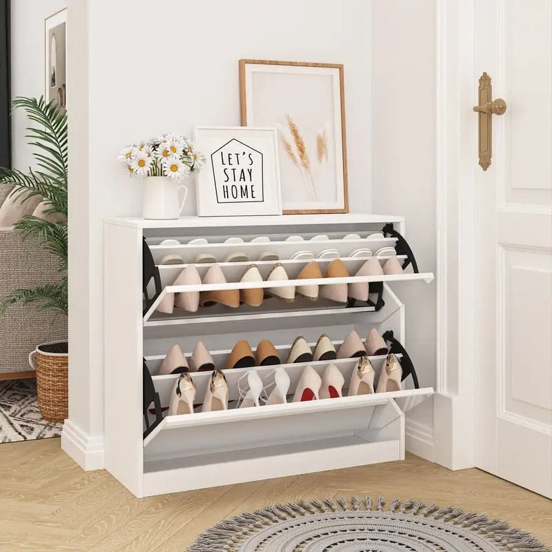 Meuble à chaussures 2 niveaux avec miroir pour entrée, meuble à chaussures avec portes basculantes
