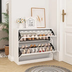 Meuble à chaussures 2 niveaux avec miroir pour entrée, meuble à chaussures avec portes basculantes