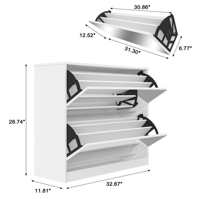 Meuble à chaussures 2 niveaux avec miroir pour entrée, meuble à chaussures avec portes basculantes