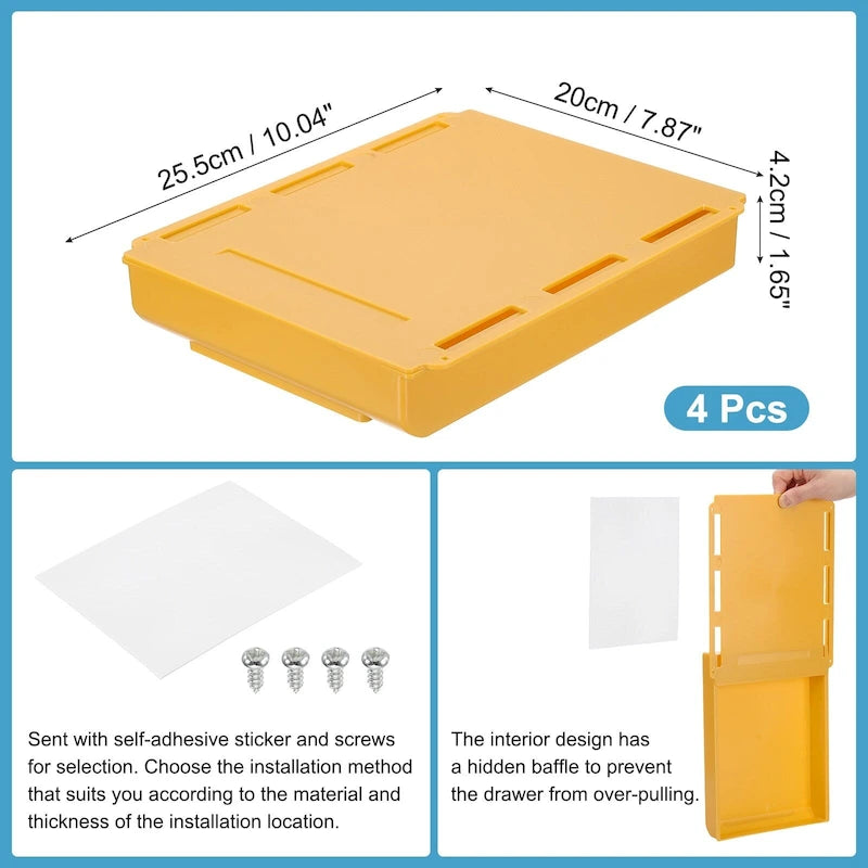 Lot de 4 tiroirs autocollants sous le bureau pour bureau debout, grand modèle – 25,5 x 20 x 4,2 cm