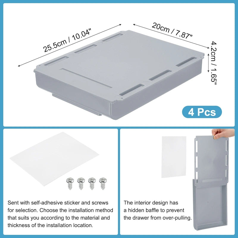 Lot de 4 tiroirs autocollants sous le bureau pour bureau debout, grand modèle – 25,5 x 20 x 4,2 cm