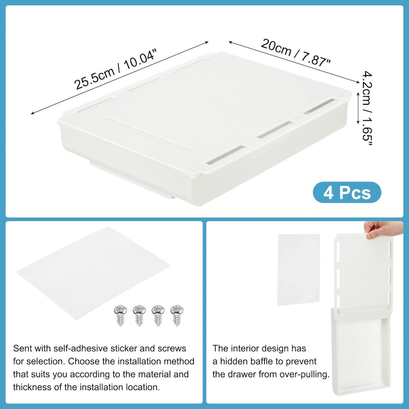 Lot de 4 tiroirs autocollants sous le bureau pour bureau debout, grand modèle – 25,5 x 20 x 4,2 cm