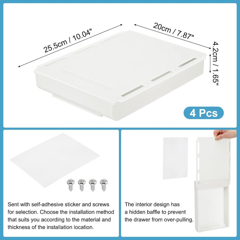 Lot de 4 tiroirs autocollants sous le bureau pour bureau debout, grand modèle – 25,5 x 20 x 4,2 cm
