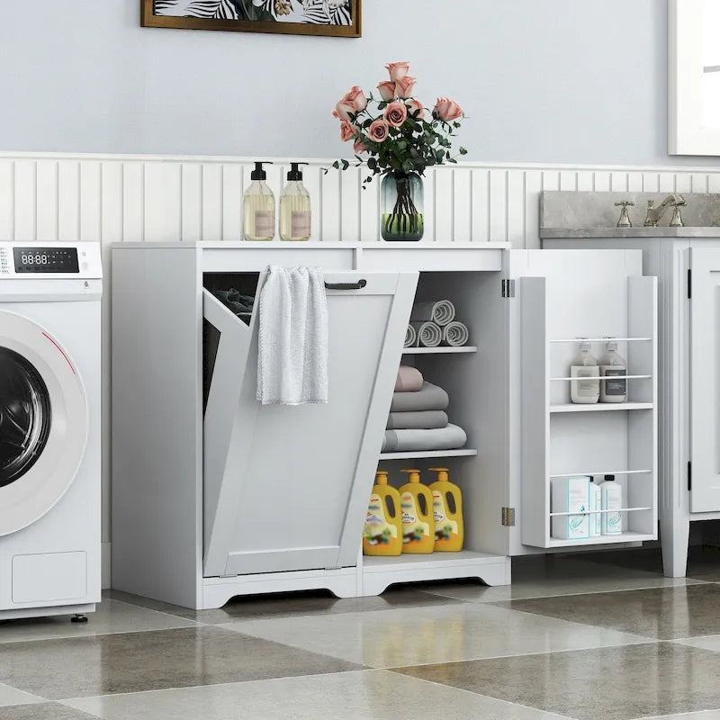 Meuble de buanderie polyvalent sur pied avec étagères réglables et panier à linge basculant