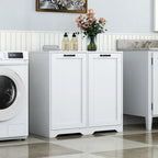 Meuble de buanderie polyvalent sur pied avec étagères réglables et panier à linge basculant