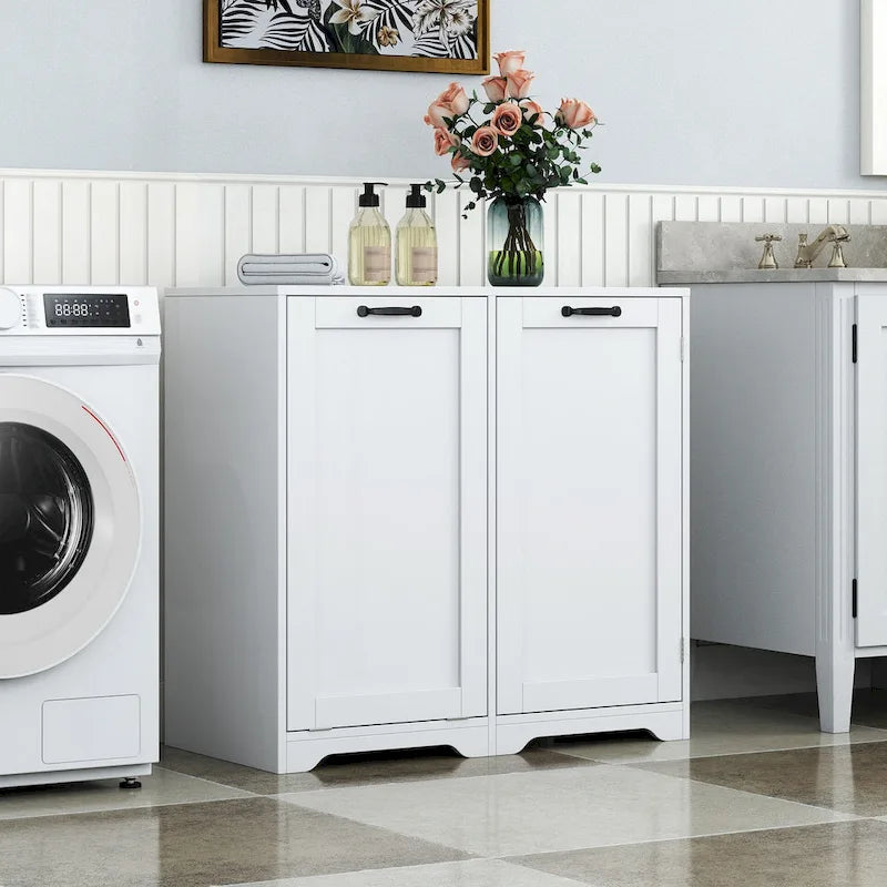 Meuble de buanderie polyvalent sur pied avec étagères réglables et panier à linge basculant