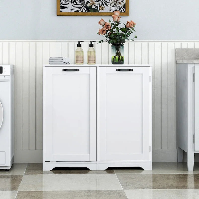 Meuble de buanderie polyvalent sur pied avec étagères réglables et panier à linge basculant