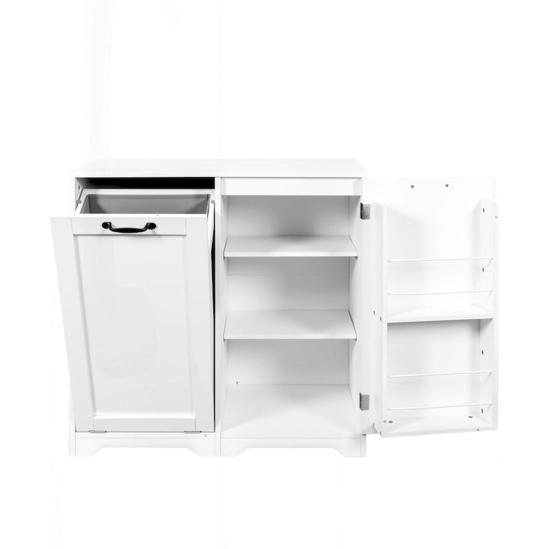 Meuble de buanderie polyvalent sur pied avec étagères réglables et panier à linge basculant