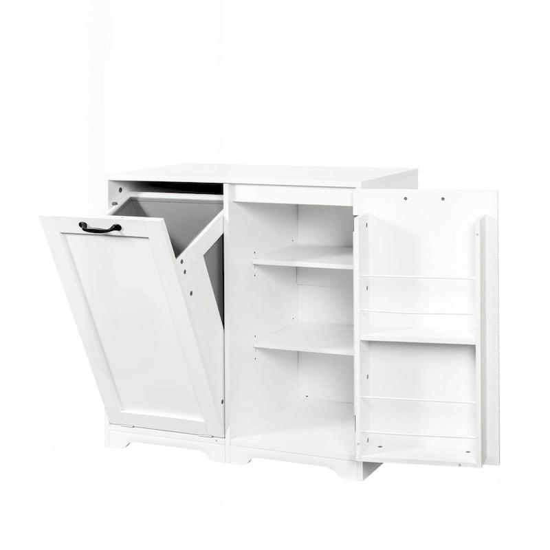 Meuble de buanderie polyvalent sur pied avec étagères réglables et panier à linge basculant