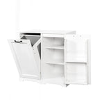 Meuble de buanderie polyvalent sur pied avec étagères réglables et panier à linge basculant