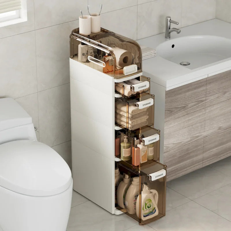 Meuble de rangement de salle de bain mince à 5 niveaux, organisateur de rangement de salle de bain étroit et mobile pour petits espaces