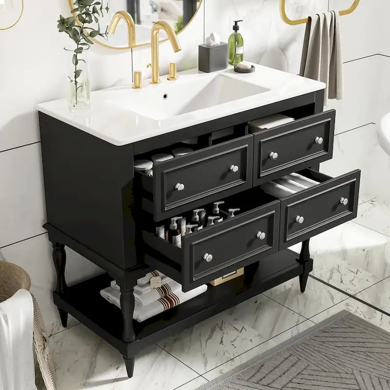 Ensemble Meuble-lavabo de salle de bain 36 pouces avec évier, évier en céramique sous plan, meuble-lavabo autoportant avec 4 tiroirs