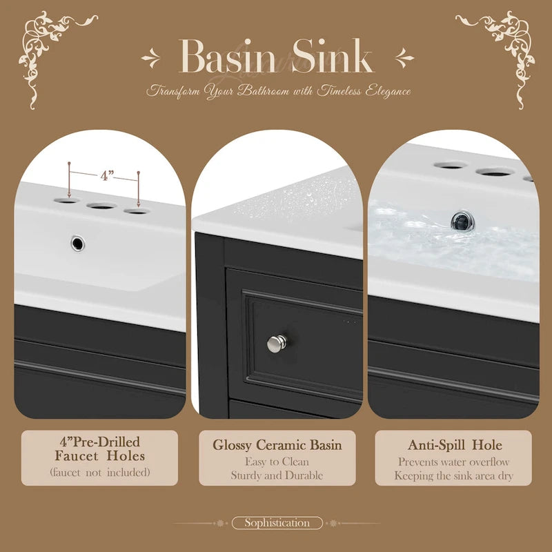 Ensemble Meuble-lavabo de salle de bain 36 pouces avec évier, évier en céramique sous plan, meuble-lavabo autoportant avec 4 tiroirs