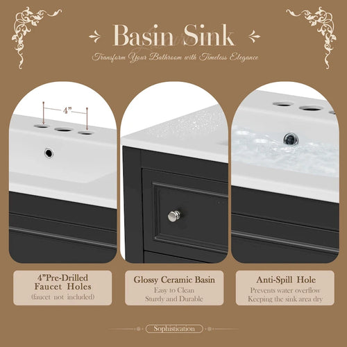 Ensemble Meuble-lavabo de salle de bain 36 pouces avec évier, évier en céramique sous plan, meuble-lavabo autoportant avec 4 tiroirs