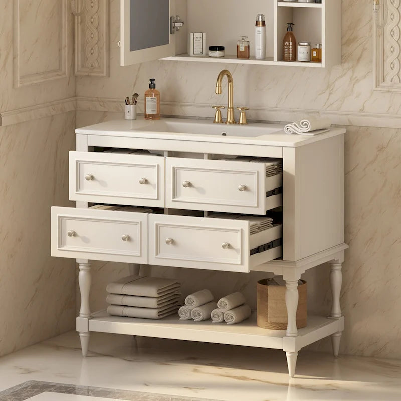 Ensemble Meuble-lavabo de salle de bain 36 pouces avec évier, évier en céramique sous plan, meuble-lavabo autoportant avec 4 tiroirs