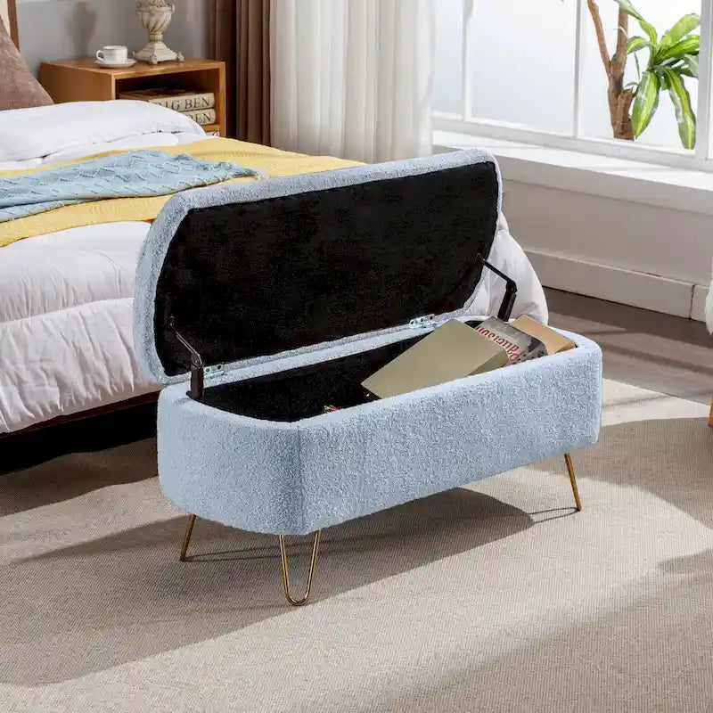 Banc pouf de rangement bleu avec pieds dorés