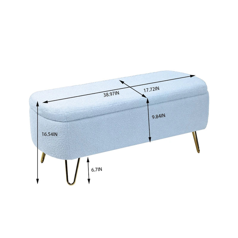 Banc pouf de rangement bleu avec pieds dorés