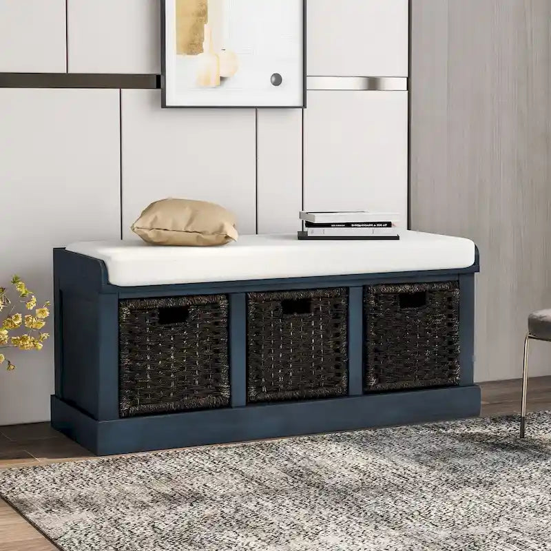 Banc de rangement rustique avec 3 paniers en rotin amovibles