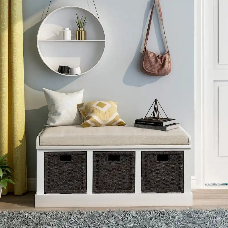 Banc de rangement rustique avec 3 paniers en rotin amovibles
