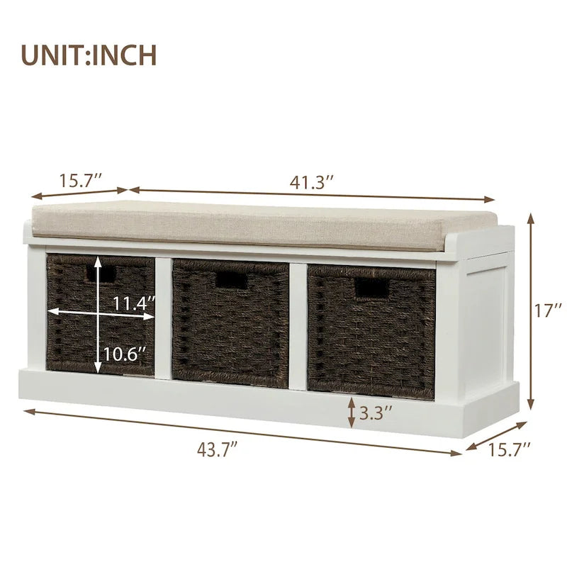 Banc de rangement rustique avec 3 paniers en rotin amovibles