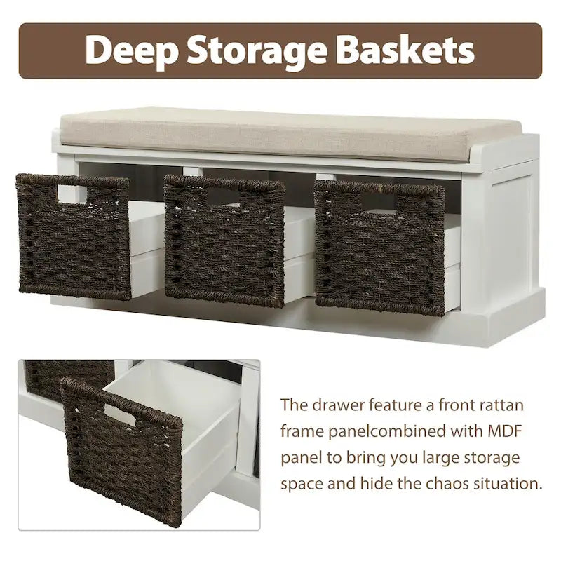 Banc de rangement rustique avec 3 paniers en rotin amovibles