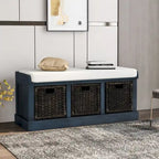 Banc de rangement rustique avec 3 paniers en rotin amovibles