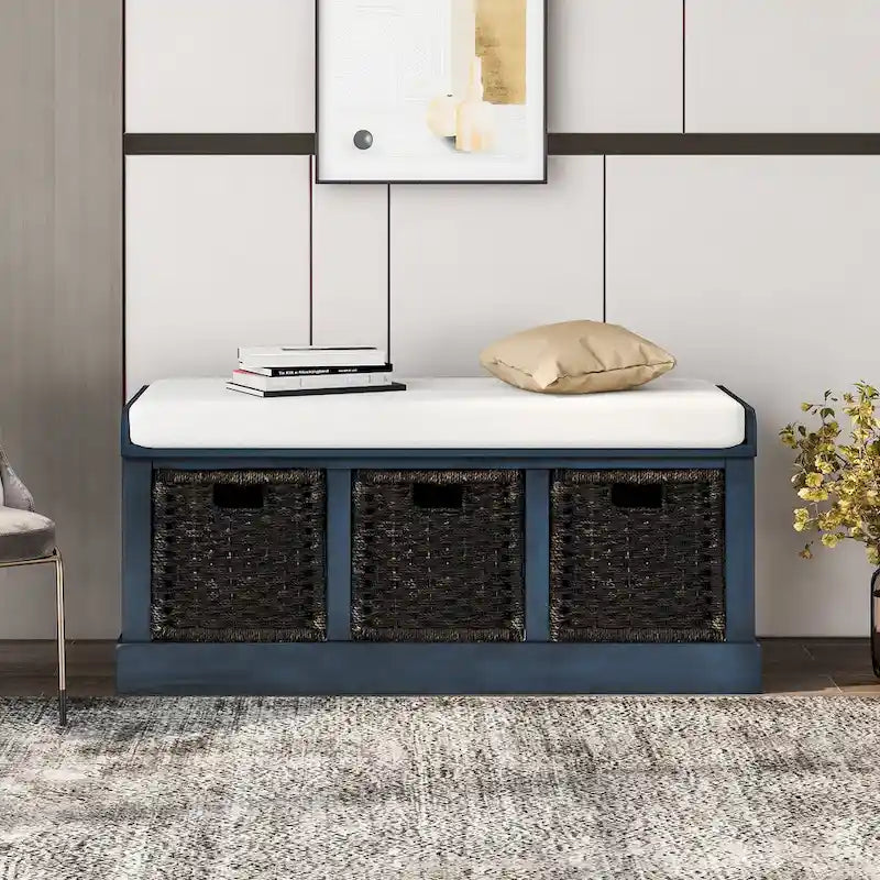 Banc de rangement rustique avec 3 paniers en rotin amovibles