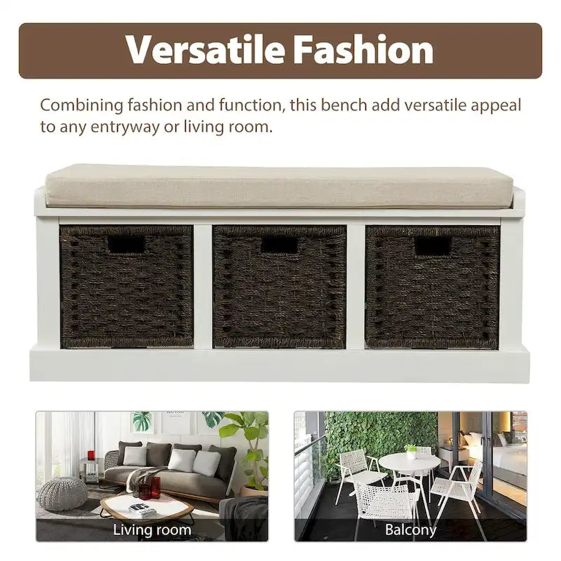 Banc de rangement rustique avec 3 paniers en rotin amovibles