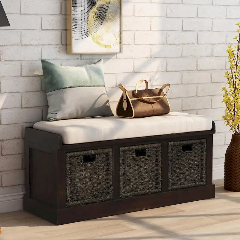 Banc de rangement rustique avec 3 paniers en rotin amovibles