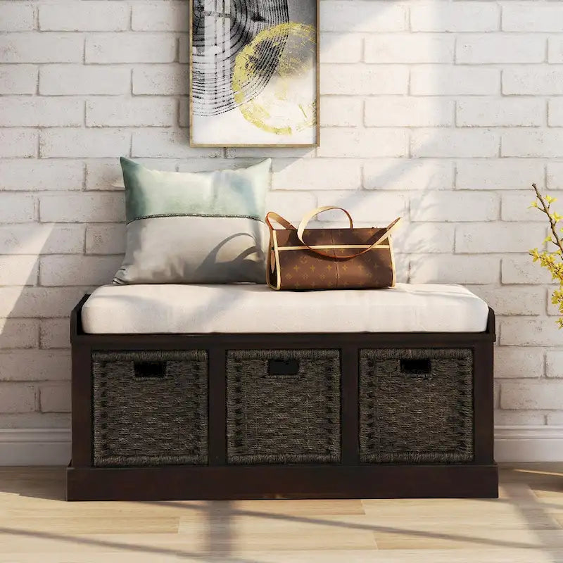 Banc de rangement rustique avec 3 paniers en rotin amovibles