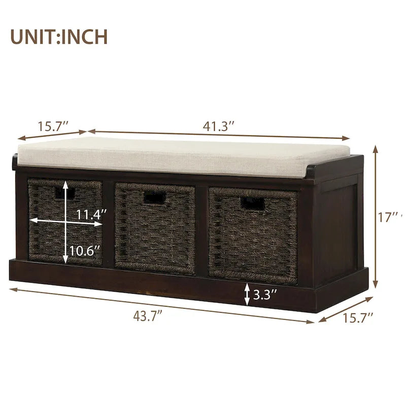 Banc de rangement rustique avec 3 paniers en rotin amovibles
