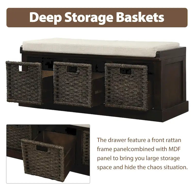 Banc de rangement rustique avec 3 paniers en rotin amovibles