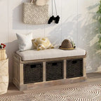 Banc de rangement rustique avec 3 paniers en rotin amovibles