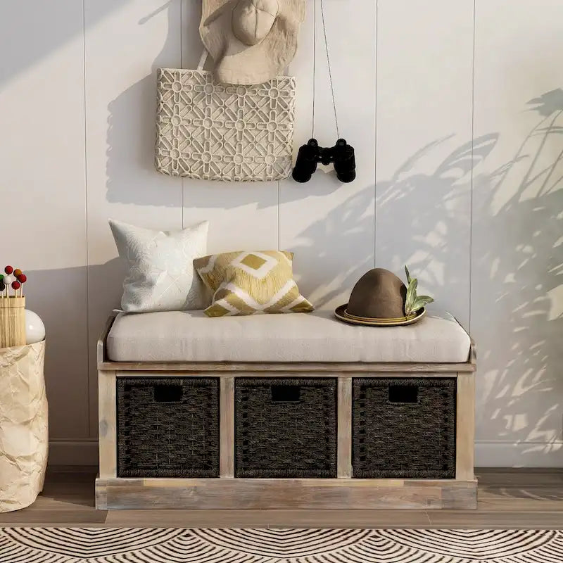 Banc de rangement rustique avec 3 paniers en rotin amovibles