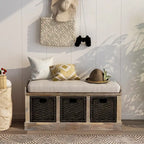 Banc de rangement rustique avec 3 paniers en rotin amovibles