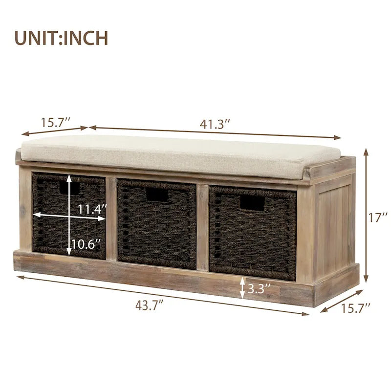 Banc de rangement rustique avec 3 paniers en rotin amovibles