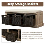 Banc de rangement rustique avec 3 paniers en rotin amovibles