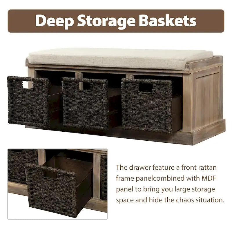 Banc de rangement rustique avec 3 paniers en rotin amovibles