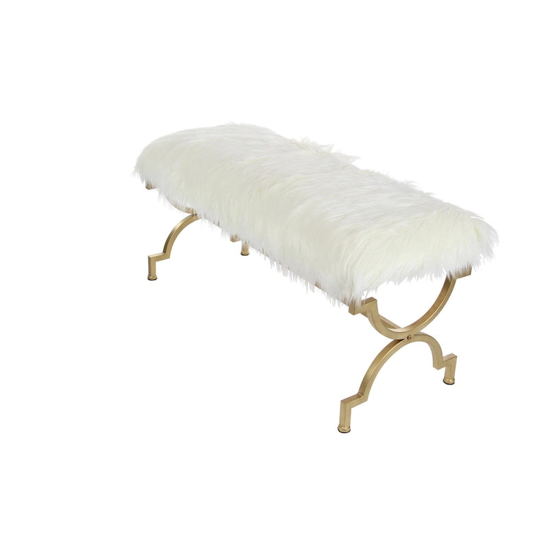 Banc en métal avec dessus en fausse fourrure blanche - Or . - 17Lx42Lx20H