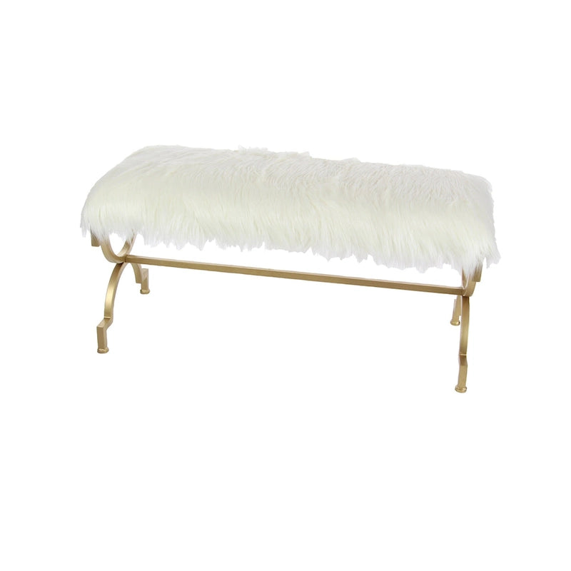 Banc en métal avec dessus en fausse fourrure blanche - Or . - 17Lx42Lx20H