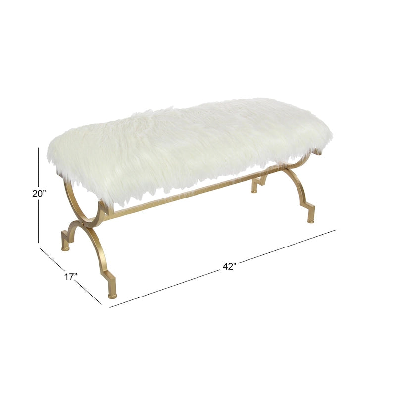 Banc en métal avec dessus en fausse fourrure blanche - Or . - 17Lx42Lx20H