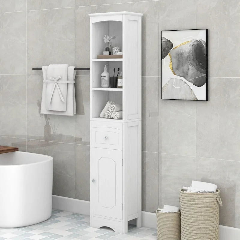 Tour de rangement pour linge de maison autoportante blanche/grise avec 3 étagères – Meuble peu encombrant