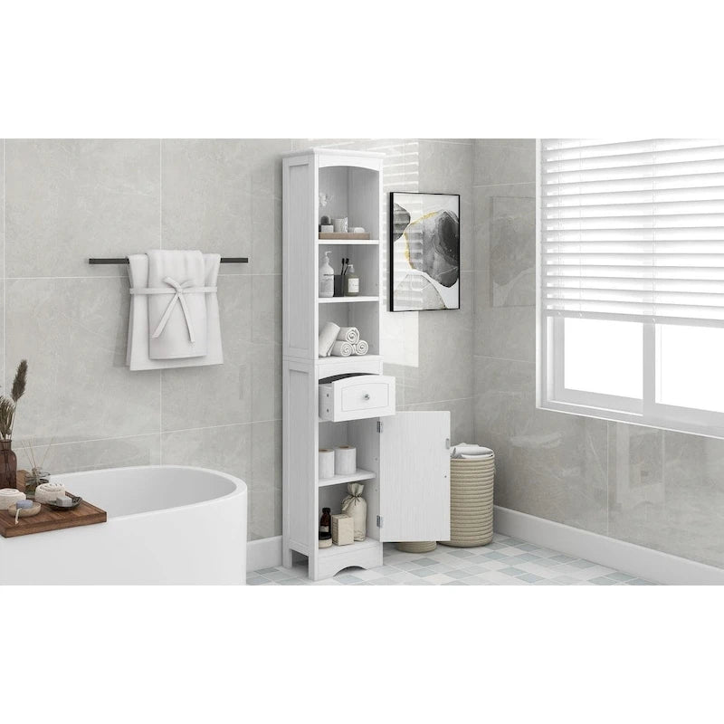 Tour de rangement pour linge de maison autoportante blanche/grise avec 3 étagères – Meuble peu encombrant