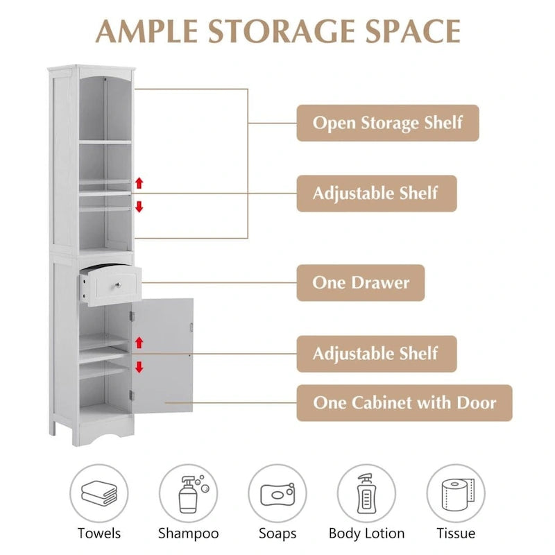 Tour de rangement pour linge de maison autoportante blanche/grise avec 3 étagères – Meuble peu encombrant
