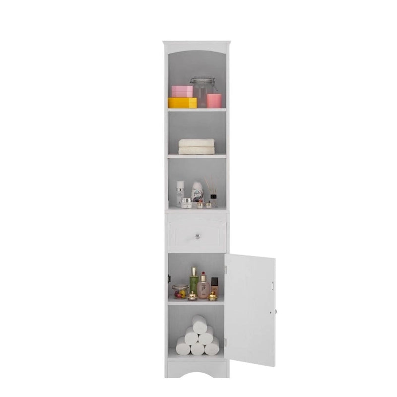 Tour de rangement pour linge de maison autoportante blanche/grise avec 3 étagères – Meuble peu encombrant
