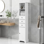 Meuble de Salle de Bain Haut Blanc, Armoire de Rangement Autoportante avec 3 Tiroirs et Étagère Réglable, Panneau MDF avec Finition Peinte