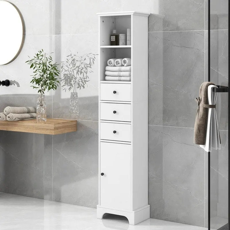 Meuble de Salle de Bain Haut Blanc, Armoire de Rangement Autoportante avec 3 Tiroirs et Étagère Réglable, Panneau MDF avec Finition Peinte